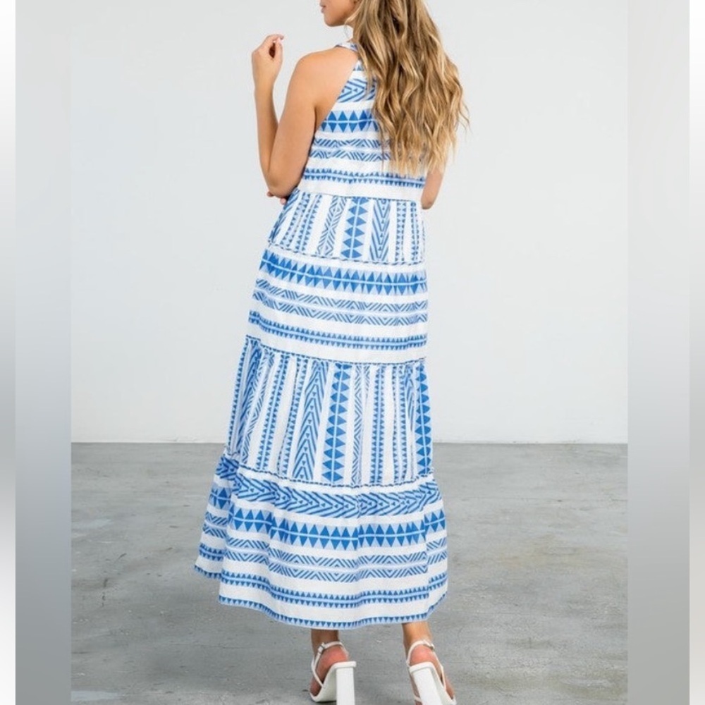 Goa Beachwear By Japna Blue White Print Tiered Maxi Dress Sz M - Picture 5 of 13